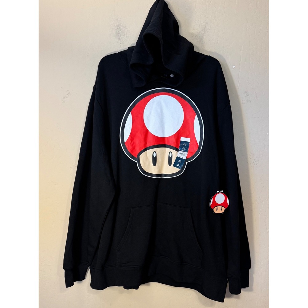 Super Mario Hoodie Men 3XL Black Red Mushroom Graphic Nintendo Pullover NEW‎